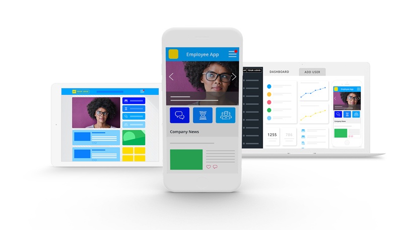 Staffbase Mitarbeiter-App Beispiele für mobile und Desktop-Ansichten