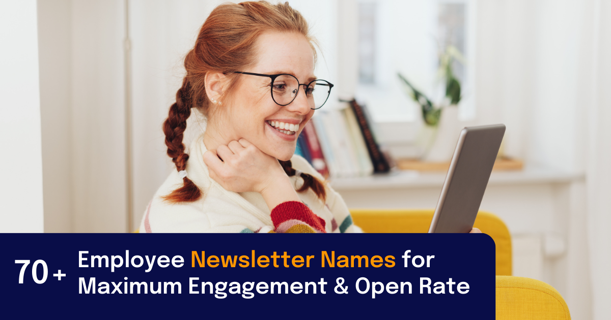 employee newsletter names image featuring a woman on a device