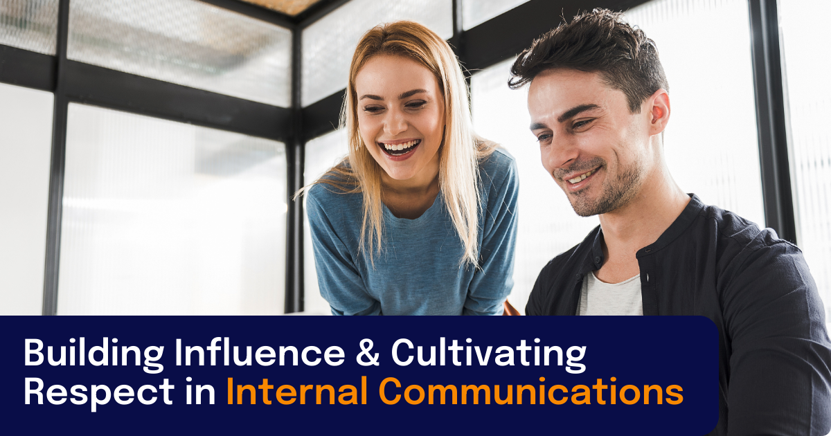 Respect in internal communications image showing two people at work smiling at a computer