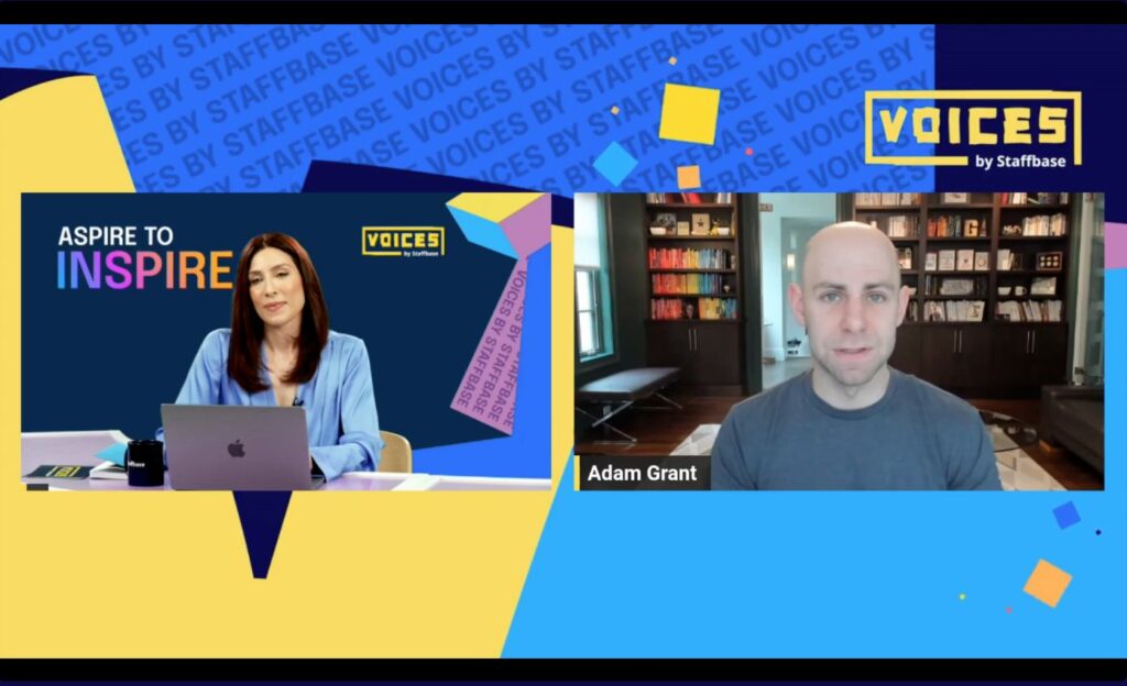 VOICES Virtual 2024 by Staffbase screenshot of Adam Grant recording with cohost Athena