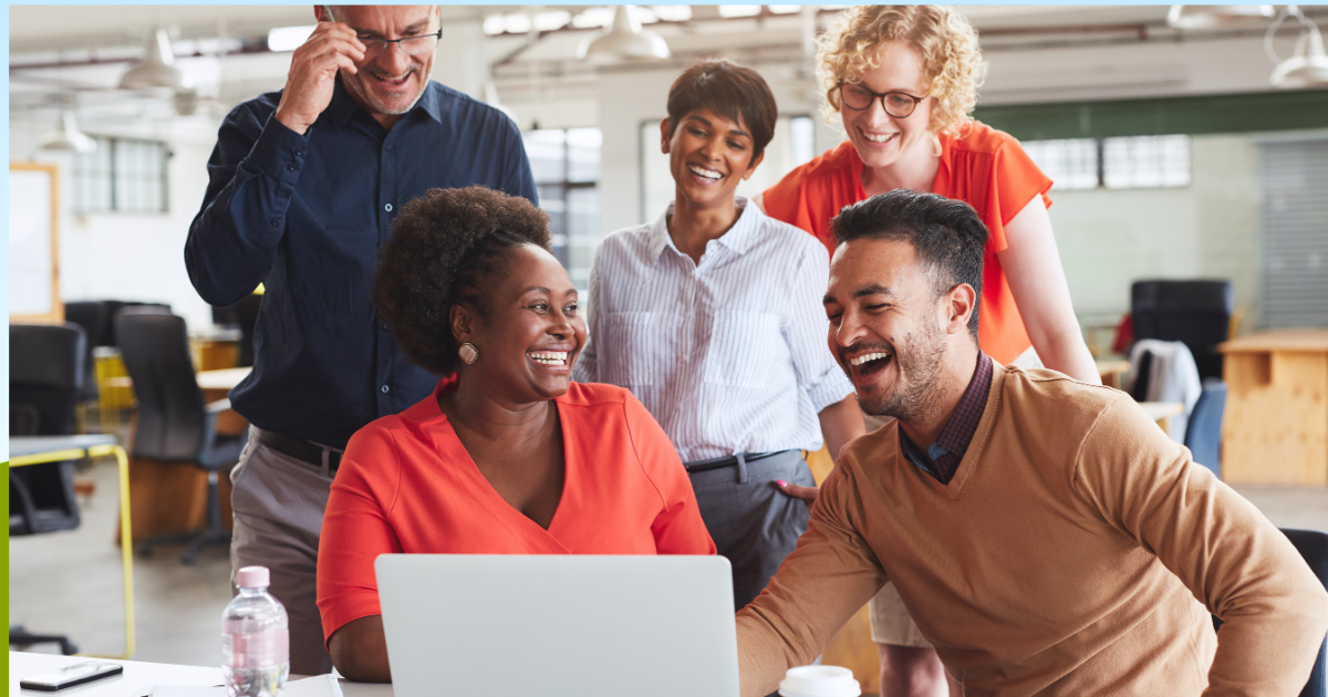 communication tool image showing engaged workers on a laptop