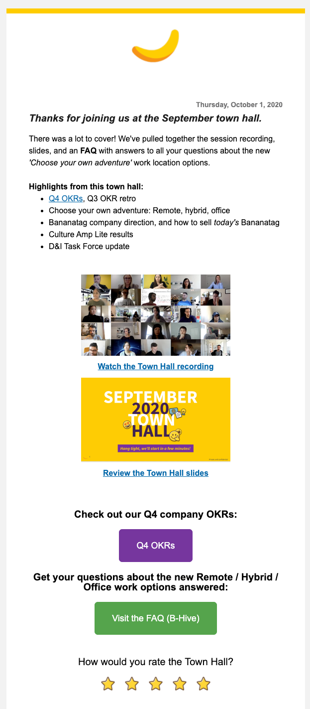 An example of the email template that Bananatag uses to recap the town hall with a recording, intranet links, and a pulse survey