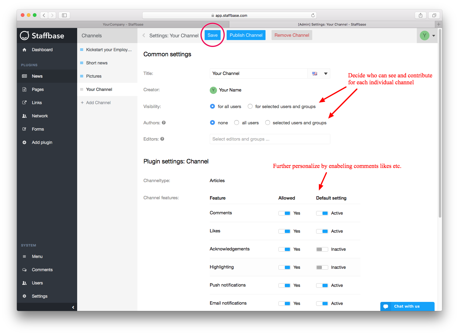 Channel Settings Staffbase