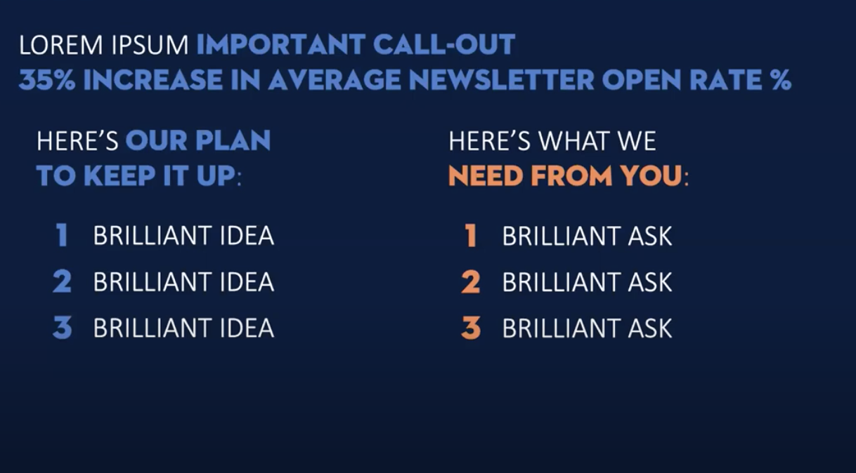 A similar approach is applied to email analytics open rates, with three points on "Our plan to keep it up" and three points for "Here's what we need from you"