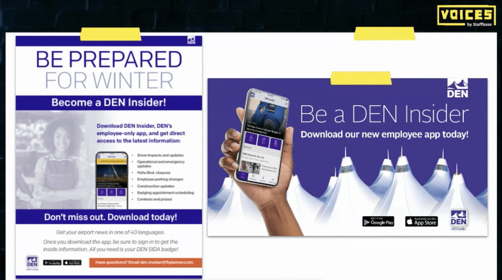 Images of Denver Airport's employee app. 