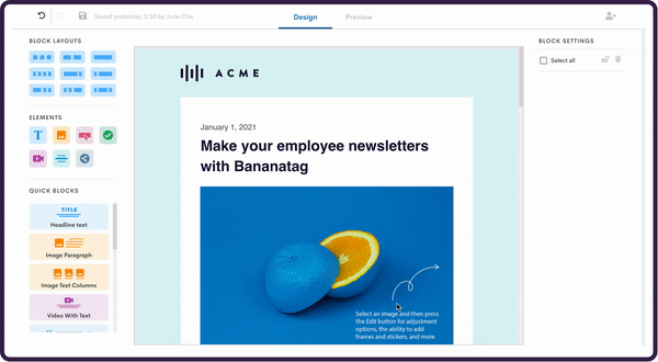 A cursor adding images and text blocks to an email newsletter using the Bananatag Email Designer 
