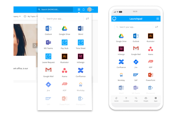 An illustration showing how an employee experience launchpad on a mobile intranet looks.