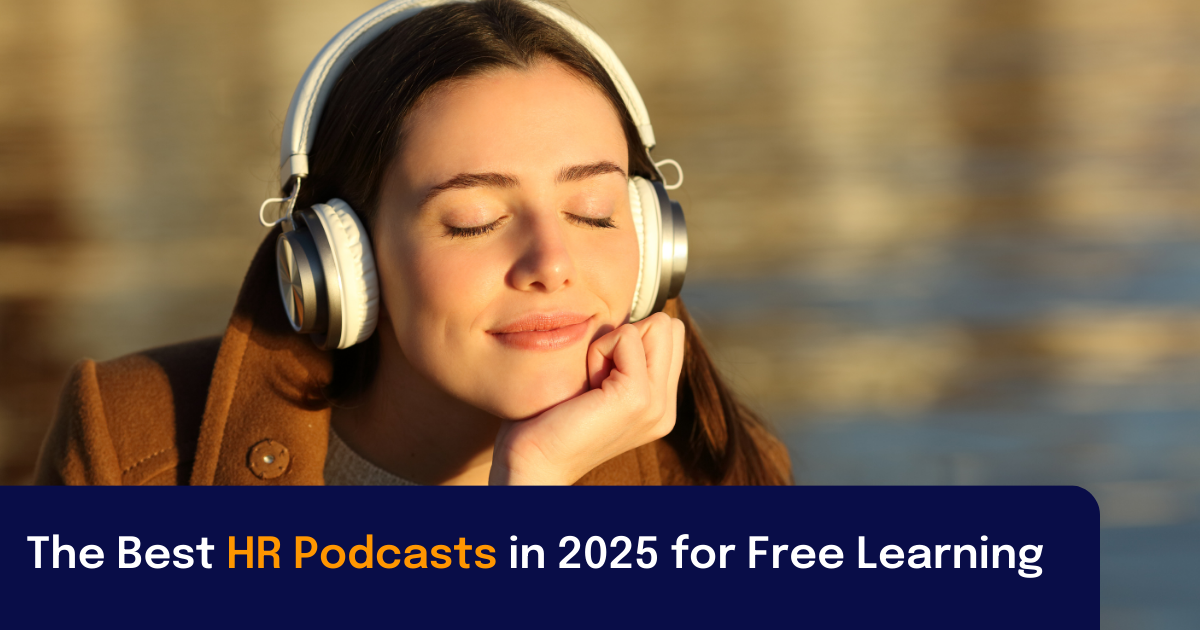 Best HR podcast image featuring woman listening to a podcast