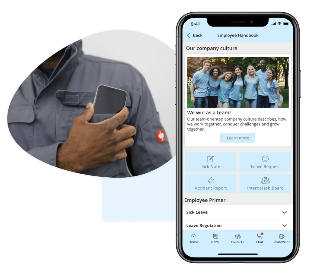 An example of an employee app showing a page of the employee handbook with sick note, leave request, accident report, and internal job board options. 