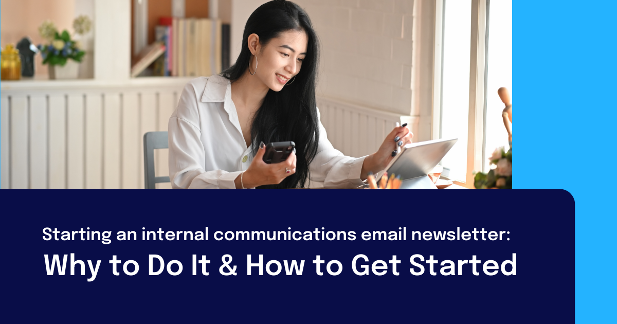 Internal communications email image depicting a smiling woman reading on a tablet