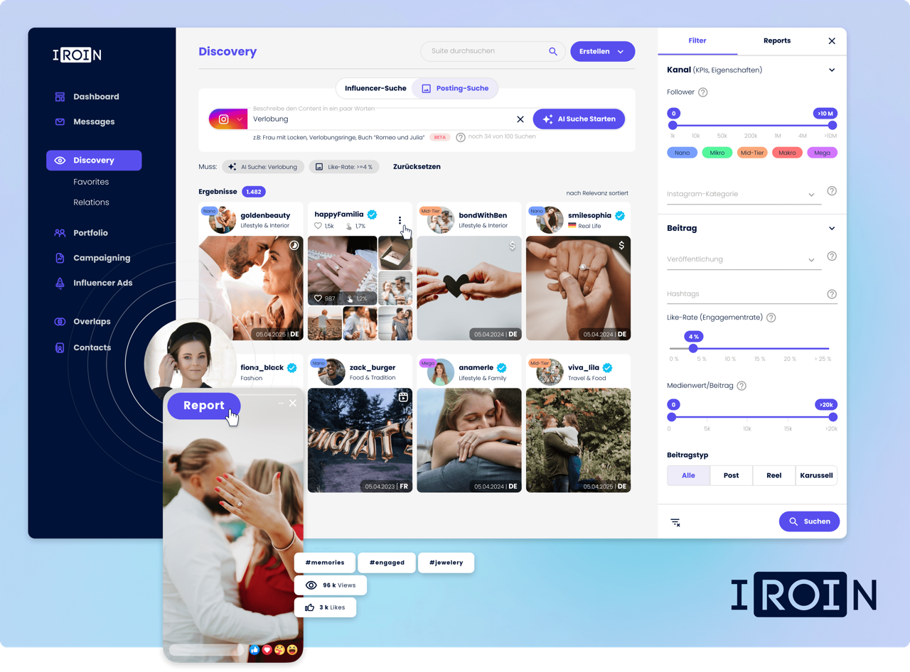 Produktbilder aus der Iroin Influencer Marketing Suite