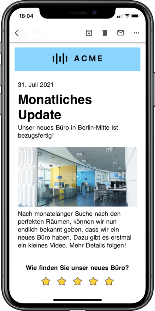 Beispiel für den Inhalt eines Mitarbeiter-Newsletters. Ein monatliches Update inklusive einer Pulsumfrage.