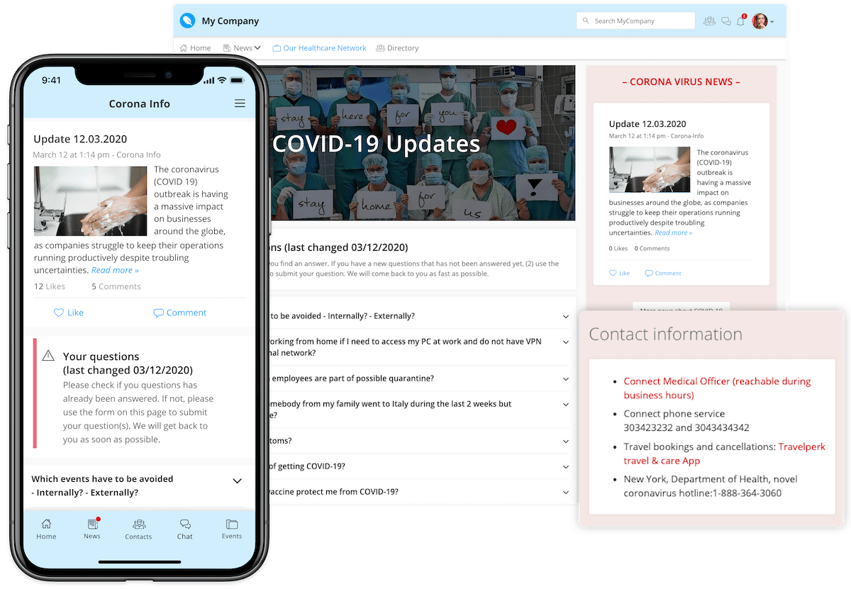 An illustration showing the mobile and desktop views of an employee experience platform with crisis communication highlighted.