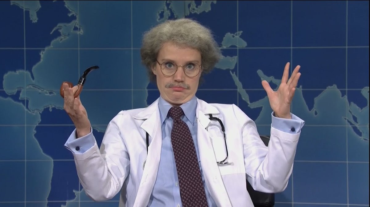 A scientist portrayed on SNL's Weekend Update. He has short grey hair, a moustache, a lab coat, and a pipe. He is throwing his hands up in the air.