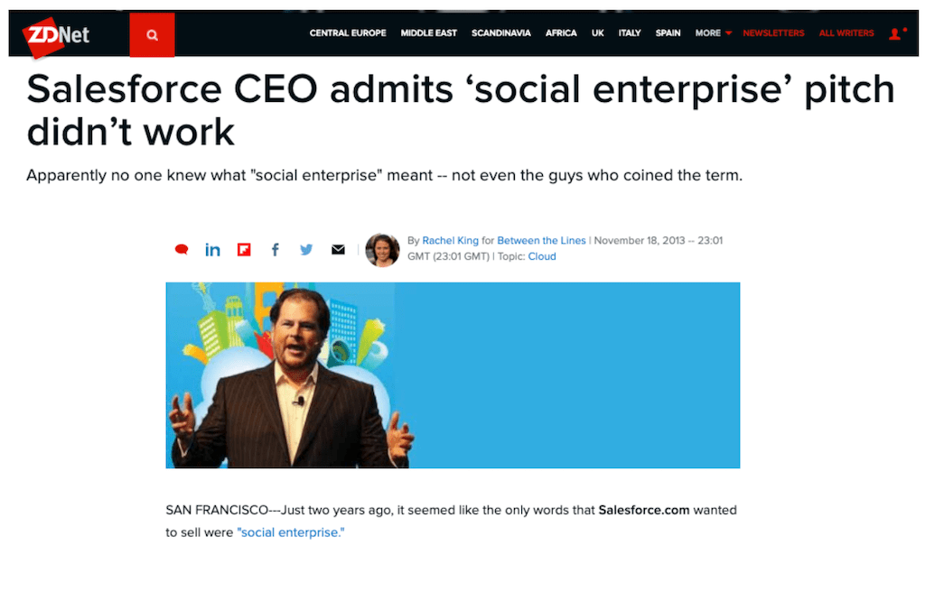 A screenshot of an article in which Salesforce admitted that their social intranet software pitch didn't work.