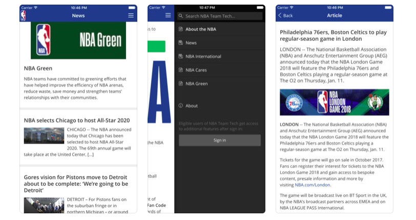Screenshots of the NBA Team Tech app