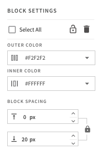 Block settings panel with color and spacing features.