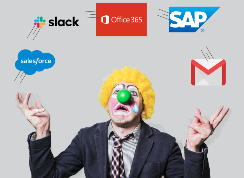 An illustration showing a clown juggling digital workplace platforms.