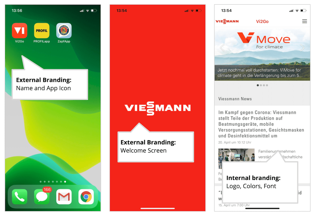 An illustration showing an example of strong app branding form STaffbase customer Viessmann.