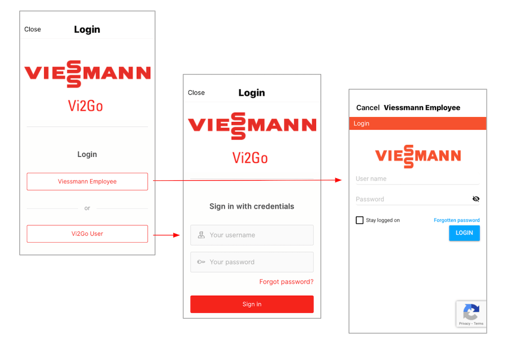 An illustration showing a typical example of two different types of login from Vi2Go, the Viessmann employee app.