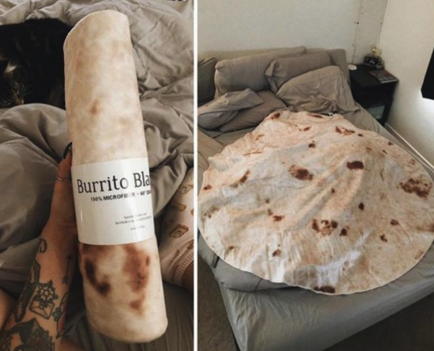 a blanket rolled up with "burrito" written on the wraper, and then the blanket rolled out, it looks like a realistic, but large flour tortilla