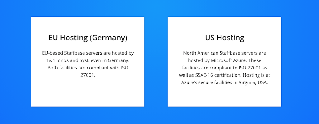 Common IT questions include those about Staffbase Hosting in the EU and in the USA.