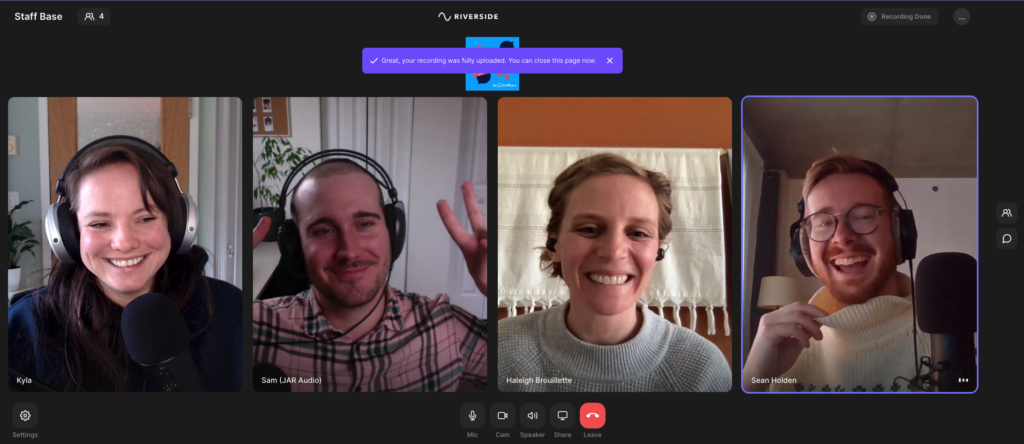 A screenshot of a meeting with podcast host Kyla Sims, Sam Seguin, Technical Director at JAR Audio Haleigh Brouillette, Sr. Manager of Corporate Communications at Hudl Sean Holden, Producer at JAR Audio. The four people are on a video call and are broken up into four separate panels.