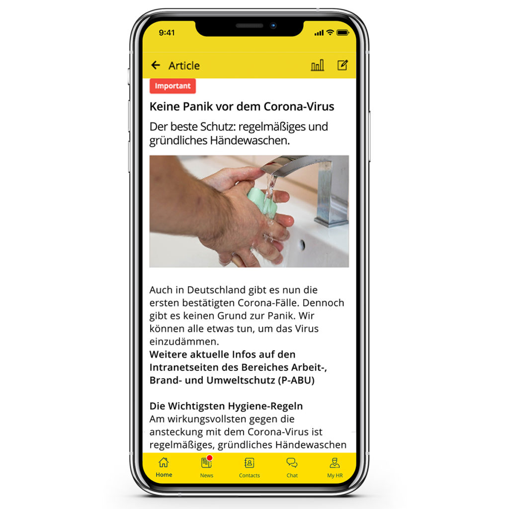 An image of BVG's coronavirus crisis communication page in their employee app.