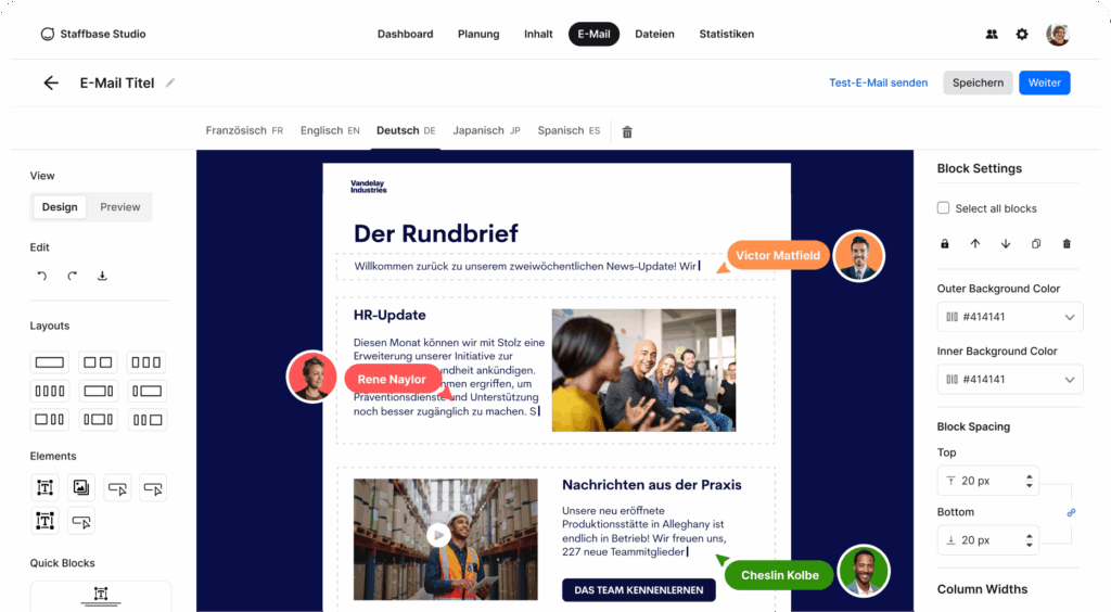 E-Mail-Entwurf im Staffbase E-Mail-Editor mit dem Titel „Der Rundbrief“. Sichtbar sind Bearbeitungstools, Kommentar-Markierungen von Rene Naylor, Victor Matfield und Cheslin Kolbe sowie Einstellungen für Layout und Hintergrundfarben im rechten Seitenbereich.