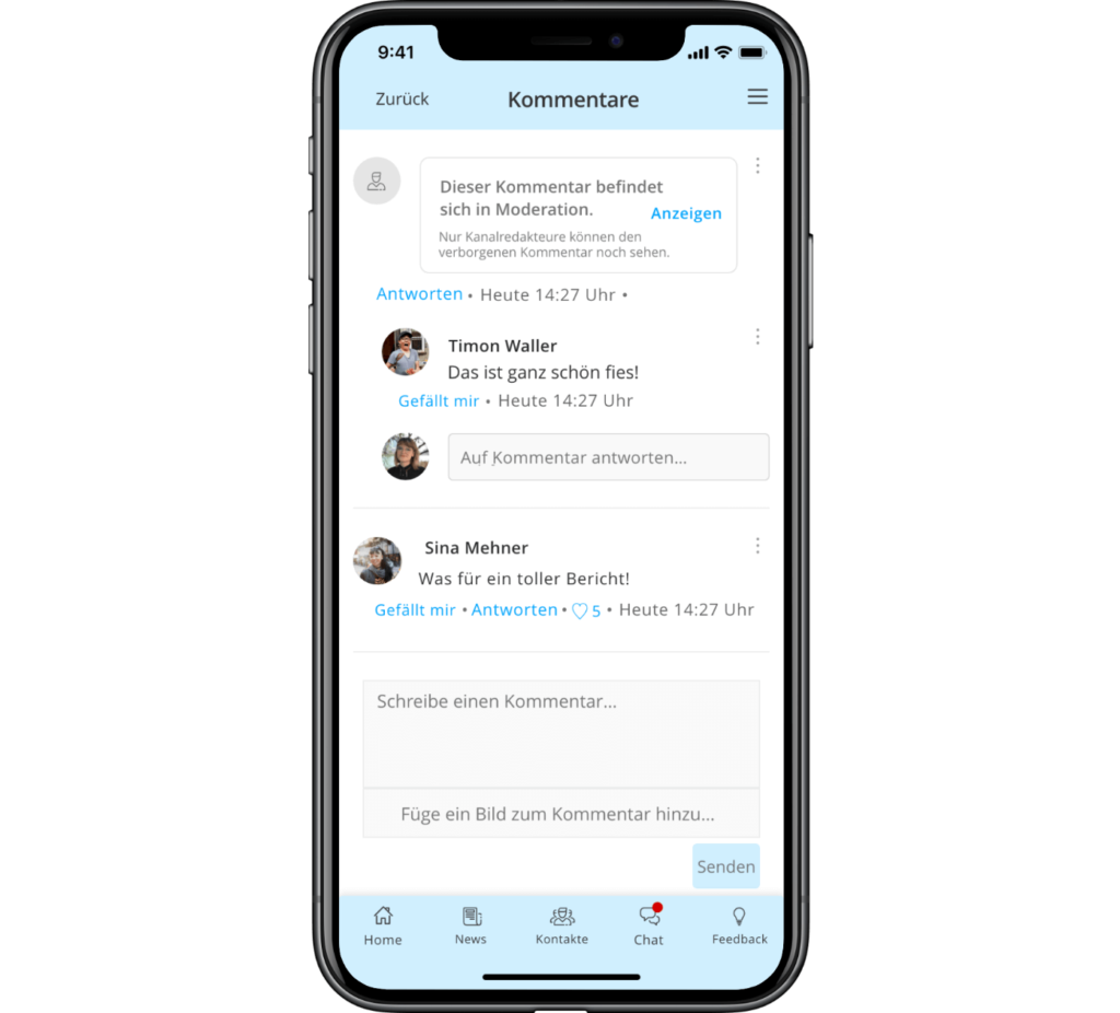 Staffbase Kommetarmoderation mobile Ansicht