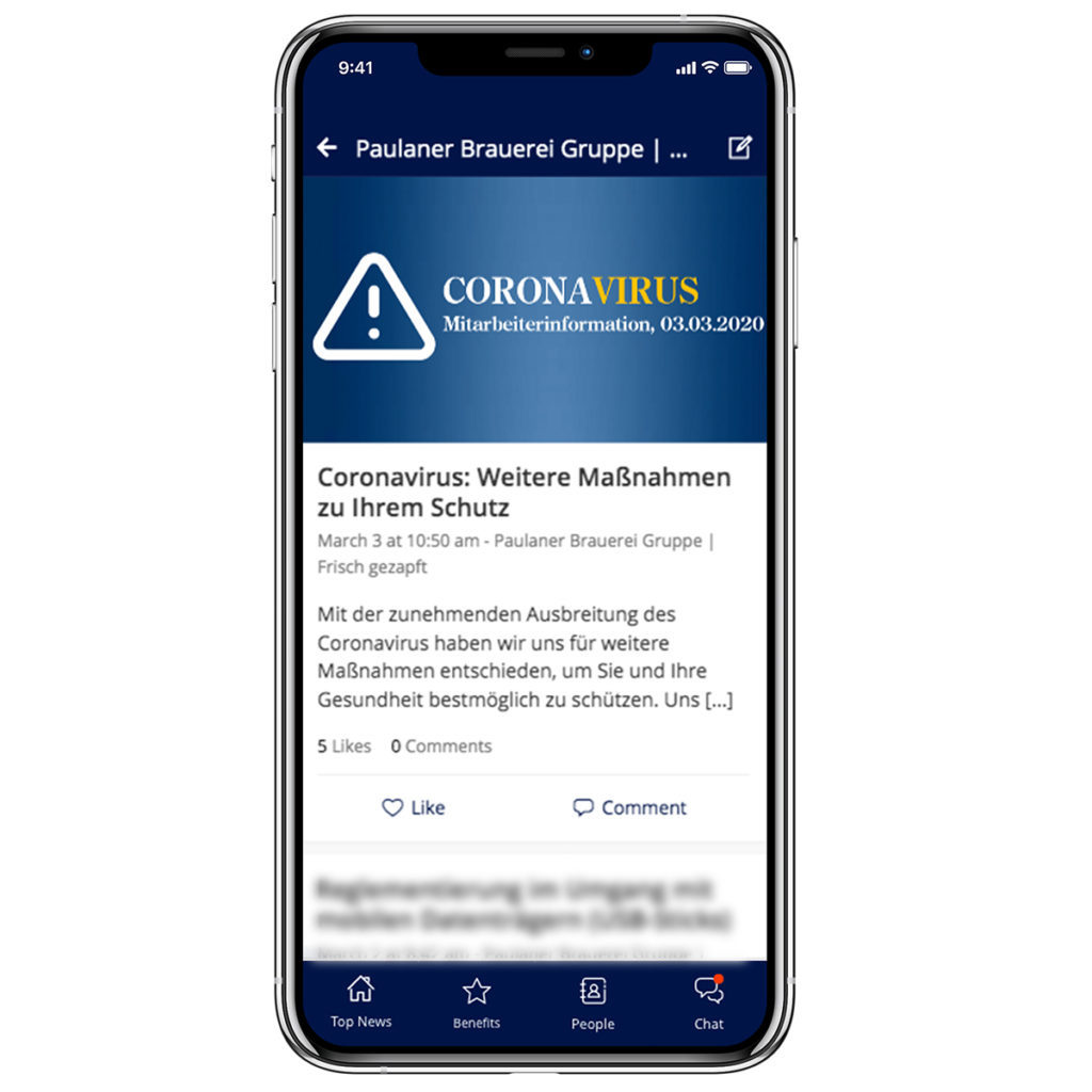 An image of Paulaner's coronavirus crisis communication page in their employee app.