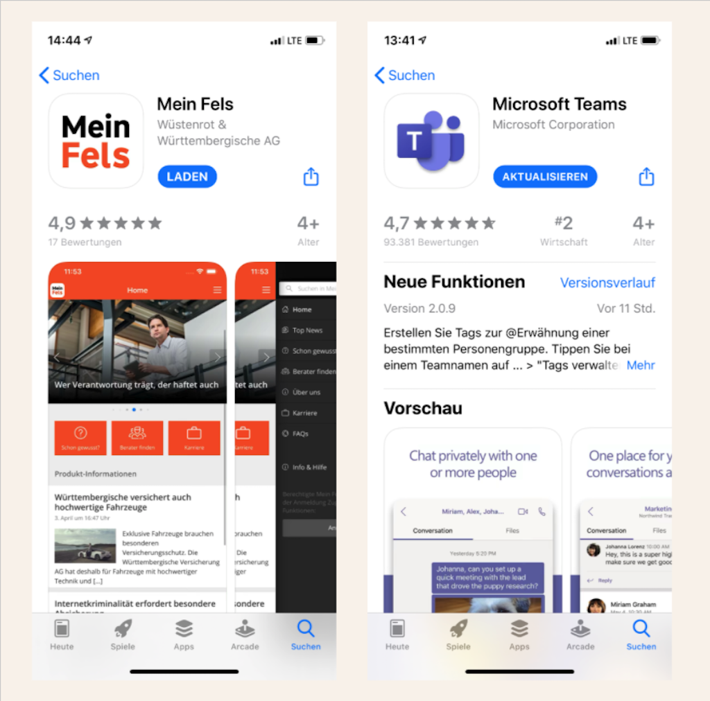 Gebrandete Mitarbeiter-App im Vergleich mit der Microsoft Teams App