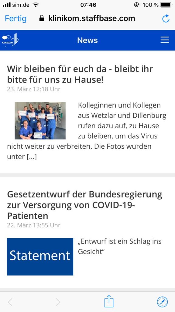 Mobile Ansicht des öffentlichen Bereiches der KliniKOM App