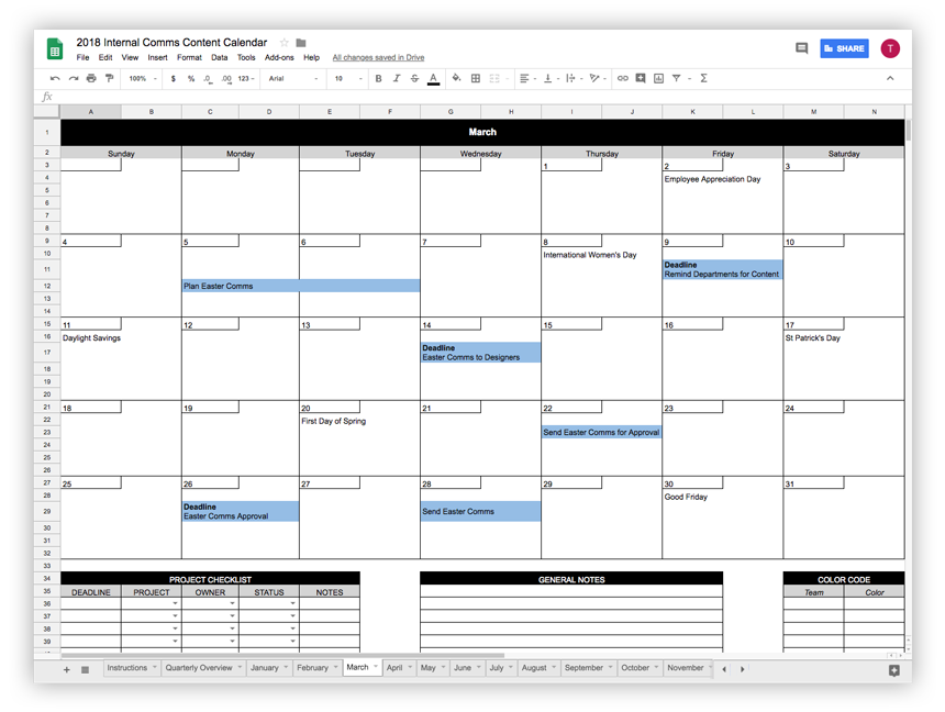 A calendar view of the month of March, with dates including "Plan Easter Comms" and "Remind departments for content" highlighted. 