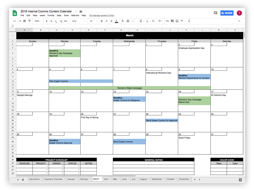 A calendar view of the month of March, with dates including "Plan Easter Comms" and "Remind departments for content" highlighted, and additional content highlighted in green.