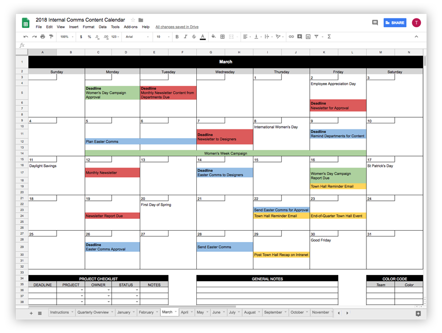 A calendar view of the month of March, with dates including "Plan Easter Comms" and "Remind departments for content" highlighted, and additional content highlighted in green, yellow, and red..