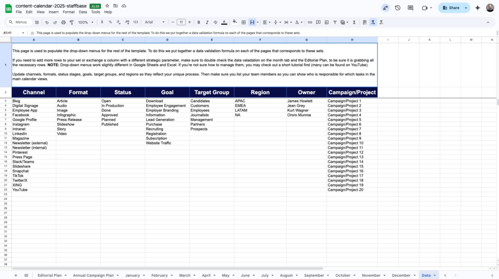 Content Calendar Data Tab