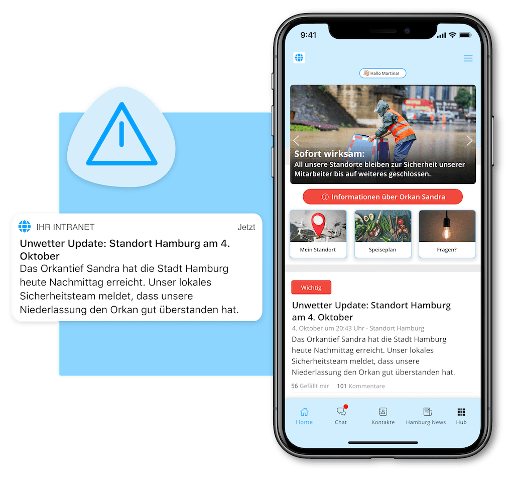 Beispiel einer Mitarbeiter-App mit Unternehmensnachrichten und Inhalten für die Krisenkommunikation. 
