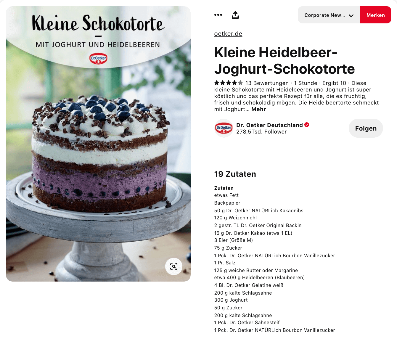 Beispielhafter Bild-Pin vom Pinterest-Account von Dr. Oetker Deutschland.