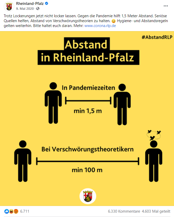 Facebook-Post der Landesregierung Rheinland-Pfalz, der sich über Verschwörungstheoretiker lustig macht