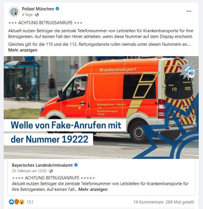 Screenshot eines Social Media Beitrags der Polizei München
