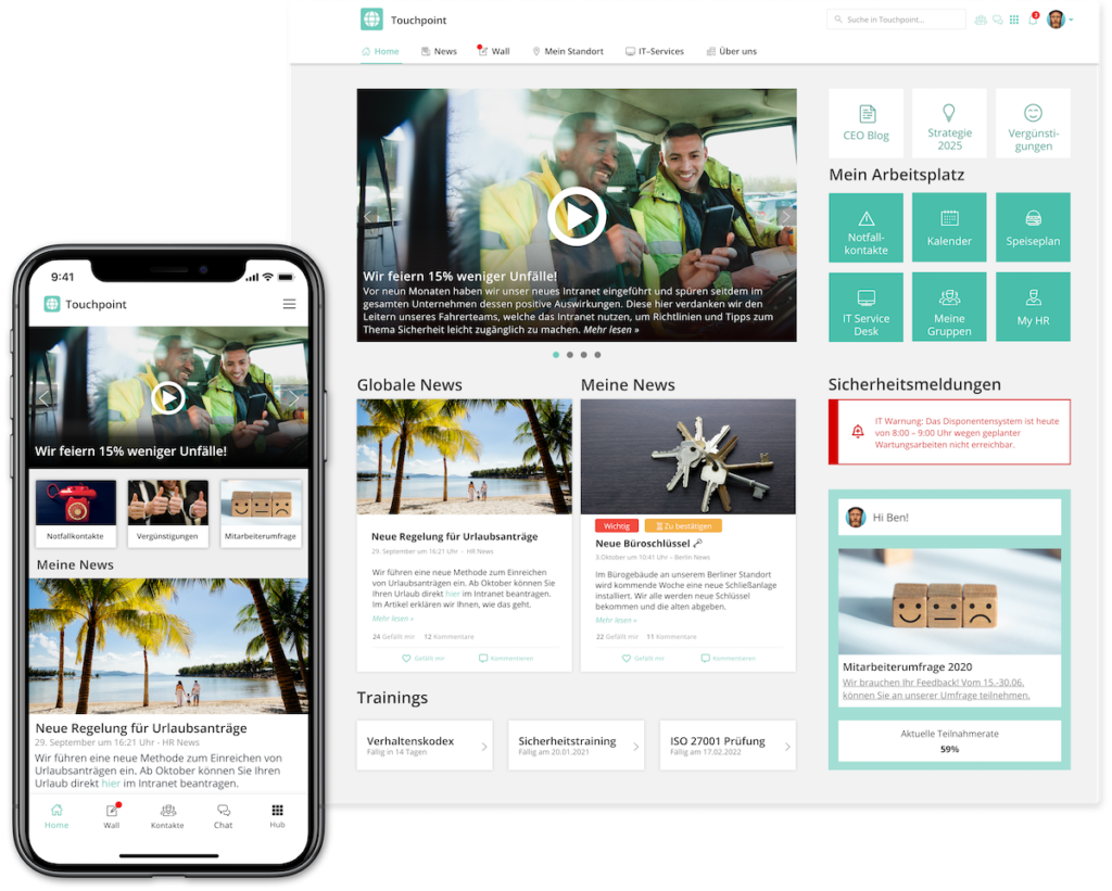 Das Employee Experience Intranet als mobile App und als Desktop-Intranet: Optimierbar für beide Geräte