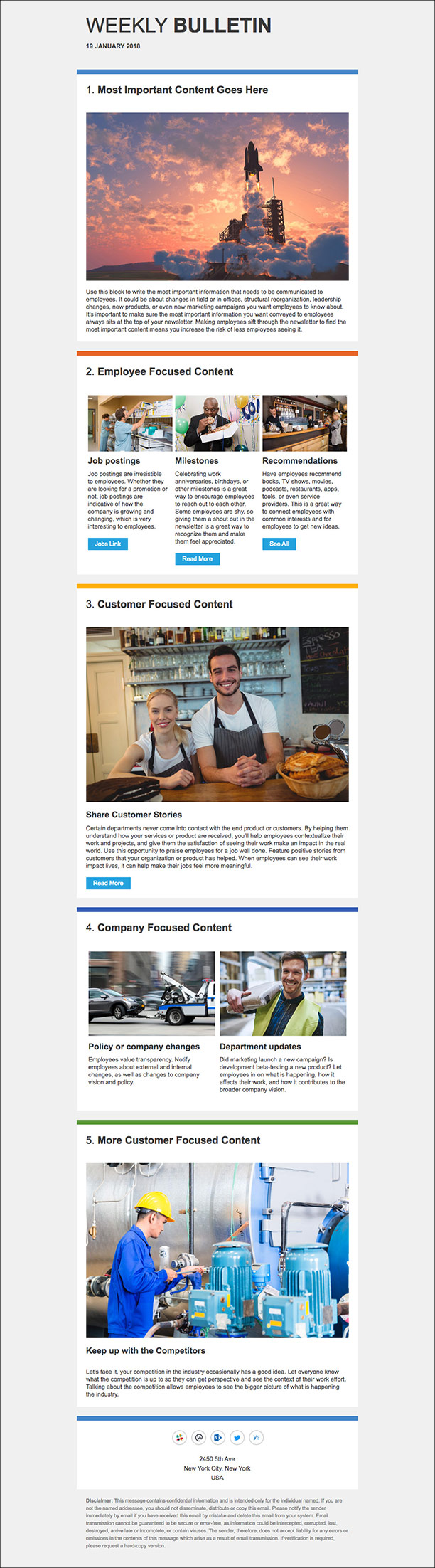 an employee newsletter with various stories and images organized with different images, colorful banners, and columns