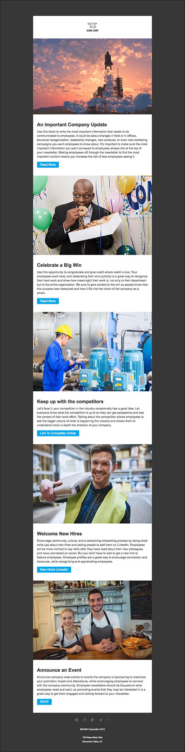 a newsfeed employee template example with lots of eye-catching images and accompanying text