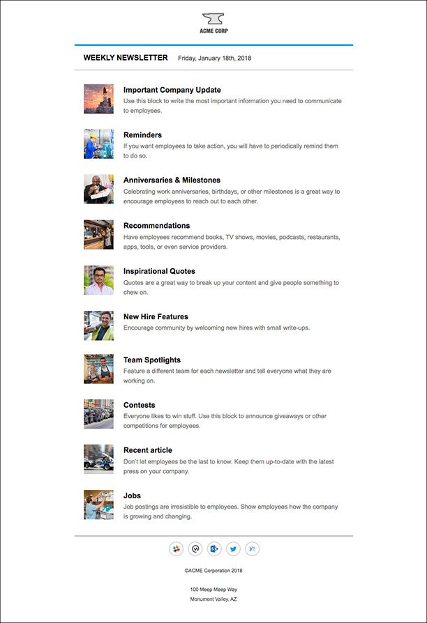 a weekly newsletter template with ten featured sections, including company anniversaries and team spotlights