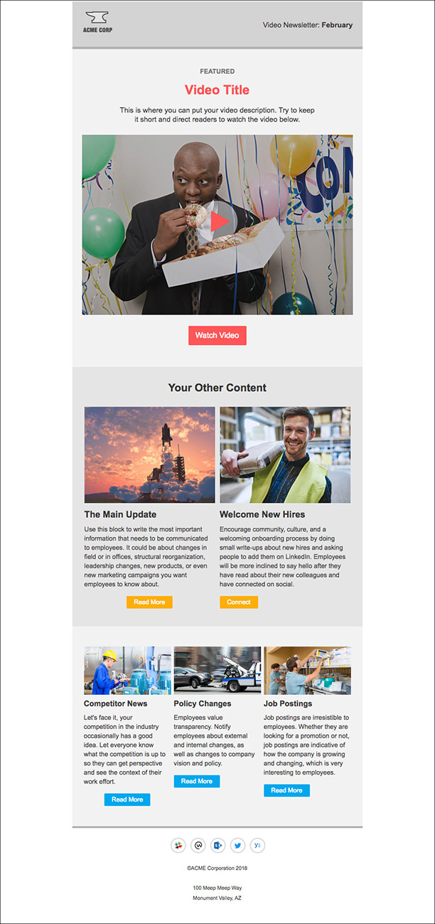 an employee newsletter with a video block that employees can play directly in the email