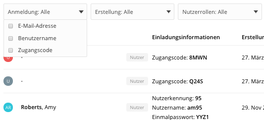 Filter für Listen im Nutzermanagement