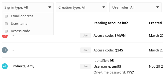 filter the user management lists