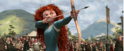Princess Merida, of the Disney movie Brave, shooting an arrow and hitting her mark.