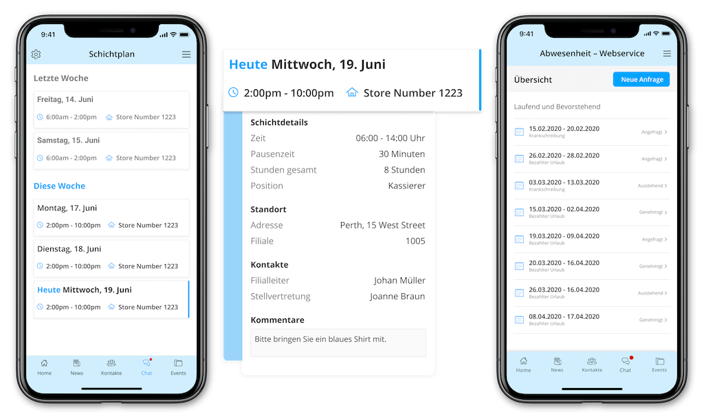 Beispiel Schichtplan und Urlaubsplanung in einer Mitarbeiter-App